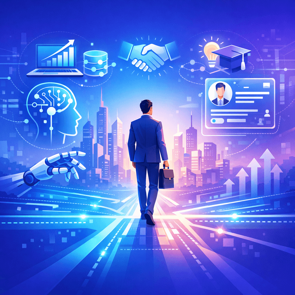 AI-inspired professional career growth pathway with learning, analytics and technology symbols